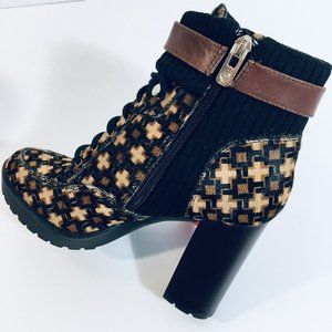 Antonio Melani Women’s Sz 6M Ankle Booties Printed Calf Hair Lug Sole Lace/Zip